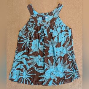 Hawaiian Tropical Floral Blue and Brown Women's Summer Tank Top